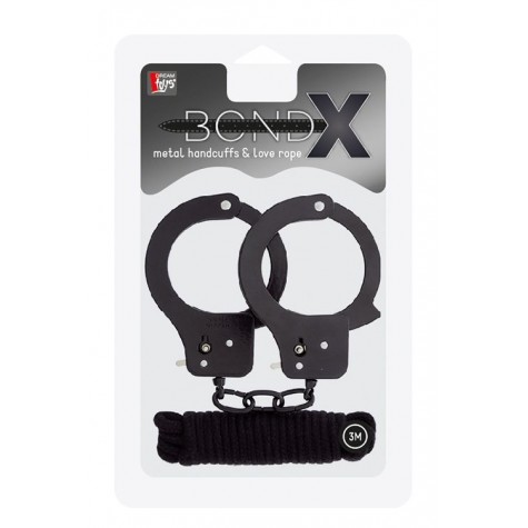 Чёрные наручники из листового металла в комплекте с веревкой BONDX METAL CUFFS&LOVE ROPE SET